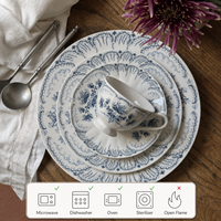 Service de vaisselle vintage en porcelaine bleue à motif végétal, assiettes rondes rétro à fleurs, compatibles micro-ondes, pour mariage et maison