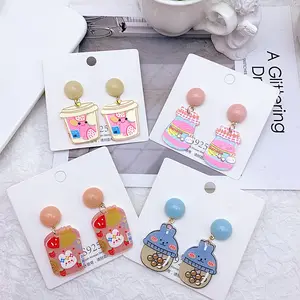 New Korean Cute Cartoon Pearl Milk Tea Bottle Heart-shaped Pendant Resin Earrings Acrylic Earrings for Women