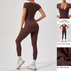 Sexy Nude Compressie Korte Mouwen Stijlvolle Yoga Jumpsuit Voor Dames Sport Fitness Training All-In-One Skinny Bodysuit