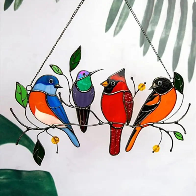 Birds in Stained Glass Panel Modern Suncatcher Stained Glass Window Hangings with Chain - Window Treatments - Tiffany Style