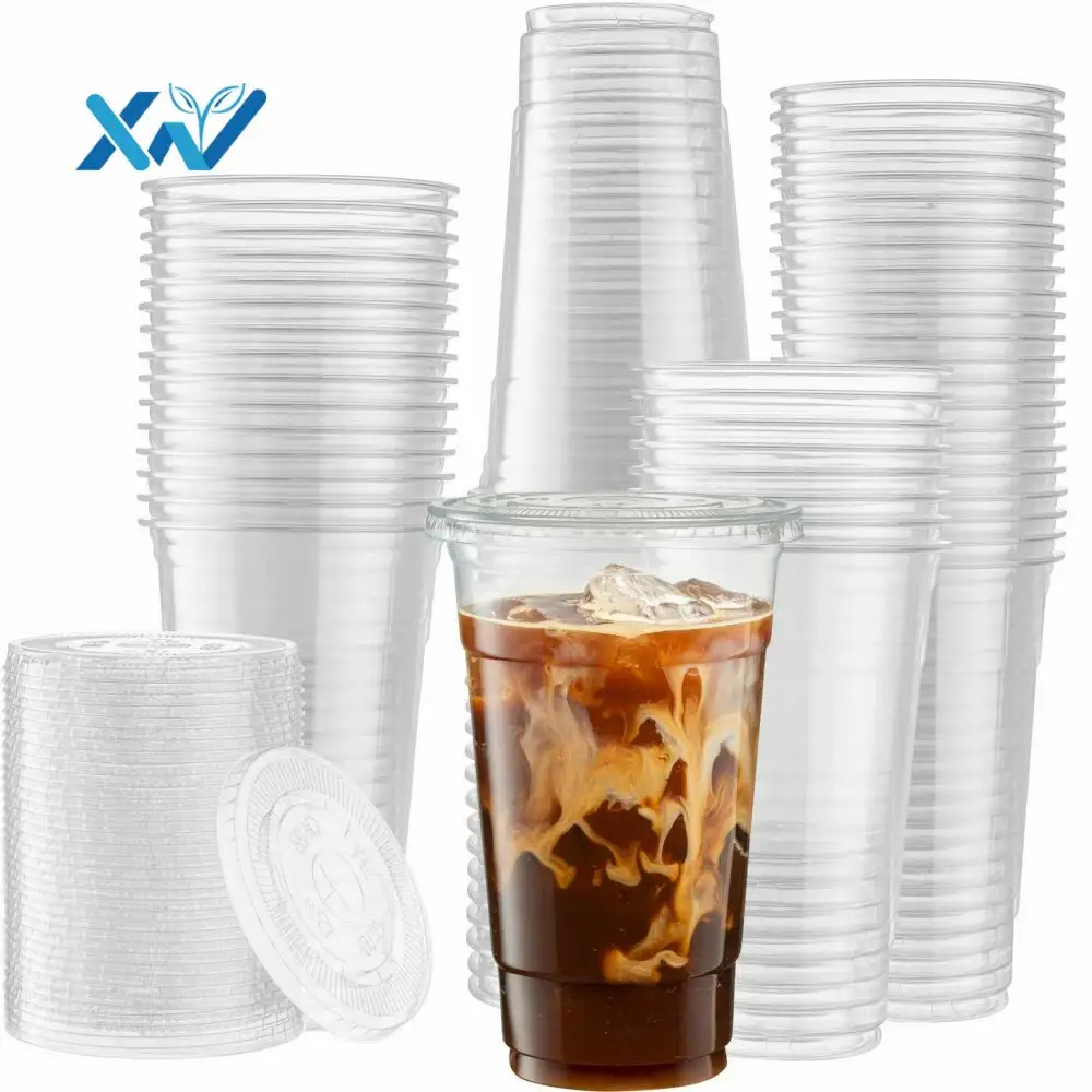 퇴비 가능한 PLA 투명 일회용 컵 생분해 플라스틱 컵 아이스 커피 우유 컵 뚜껑