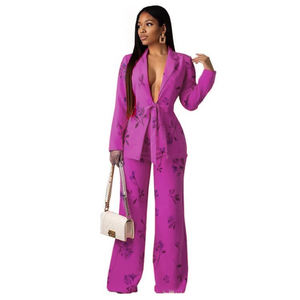 Solid Color Waist Tie Suit Fashion Casual Career Women's 2 Piece <b>Set</b> Fashion - Product Image 3