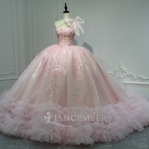 XS301 Stylish One Shoulder Bow Pink <b>Ruffle</b> Quinceanera <b>Dresses</b> Beading Appliques Crystal Print Floor-Length Ball Gown Natural - Product Image 6
