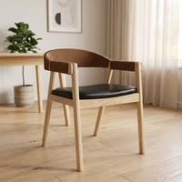 Chaise de salle à manger en bois massif avec accoudoirs, dossier circulaire ouvert et assise rembourrée en cuir PU, fauteuil de salle à manger nordique de style mid-century