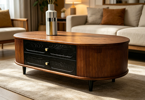 Retro Oval Fluted Wood Coffee Table with 2 <b>Drawers</b>, Mid-Century Storage Table for Living Room - Product Image 3
