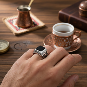 Square Agate Gemstone Round <b>Black</b> Zircon Stone Design Ottoman <b>Men's</b> <b>Ring</b> Turkish Handmade Wholesale Authentic Silver <b>Men</b> <b>Ring</b> - Product Image 3