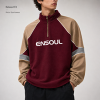 Sweat à capuche vintage surdimensionné en molleton de coton épais avec manches colorblock personnalisées, logo imprimé DTG, fermeture éclair 1/4, style streetwear, éco-responsable