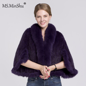 MWfur Frauen gestrickt weiß Nerz Pelz Hochzeit Poncho Jacke Fox Pelz Kragen getrimmt Nerz Pelz <span class=keywords><strong>Cape</strong></span> für Dame - Product Image 4