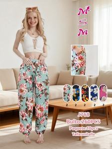 J768 Pantaloni Harem Floreali da Donna in Maglia di Cotone Elasticizzato con Vita Elastica Vestibilità Ampia Lunghezza Intera per l'Estate Casual - Product Image 3