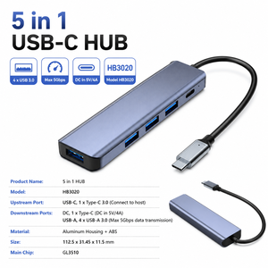 Hub USB-C 5-en-1 en aluminium en gros, puce GL3510, 5 Gbit/s, alimenté, répartiteur USB 3.0 à 4 ports, adaptateur Type-C vers USB-A avec alimentation CC - Product Image 2