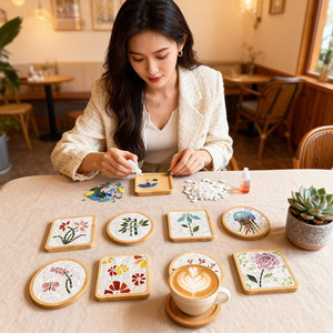 Posavasos de Mosaico DIY de la Serie Floral Hechos a Mano, Almohadillas de Aislamiento Térmico, Kit Creativo para Clases de Arte con Diseño de Collage, Formas Circulares y Cuadradas - Product Image 2