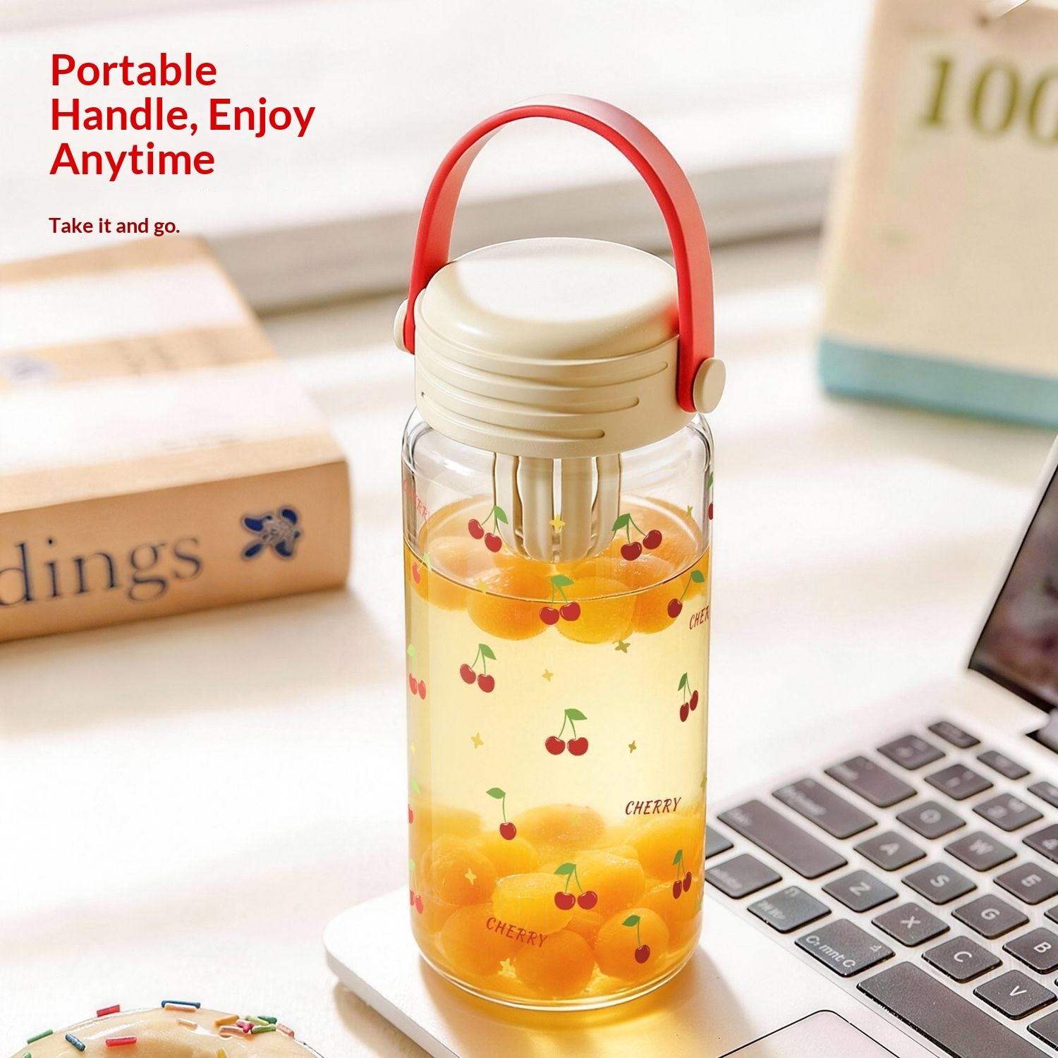 Women's High Borosilicate Glass Cup Handle Large Capacity Tea Separation Cold Brew Cherry Pattern Sealing Cap Dishwasher view 3