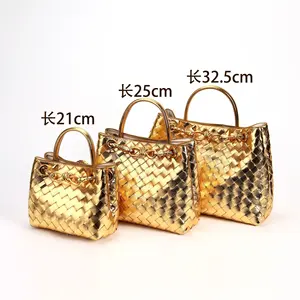 fashion lady metallic genuine leather tote bags for women woven hand bags with bow metal braided string sling shoulder bags new