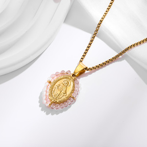 HB0617 <strong>Best</strong> Selling 20*30mm Stainless Steel Turquoise Oval Bead Charm Pendant s Steel Circular Virgin Mary <strong>Necklace</strong> Wholesale - Product Image 3