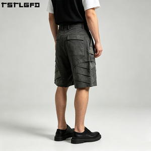 Pantalones Cortos Jorts de Streetwear con Pliegues Arquitectónicos, de Tela Pesada, Ecológicos, con Lavado Ácido, Diseño Desestructurado y Capas, de Color Liso - Product Image 4