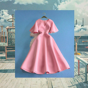 Robe longue vintage A-line pour femme, col en V, manches longues, tissée, taille cintrée, jupe ample, respirante, couleur unie, haut de gamme, collection automne - Product Image 2