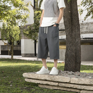 Men's Casual Green Canvas Capri Shorts Elastic Waist Drawstring Side Pockets Breathable Lightweight <b>Summer</b> <b>Pants</b> - Product Image 3