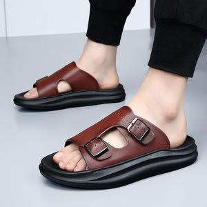 Men's Layered Cowhide <b>Slippers</b> for <b>Summer</b> Outdoor Wear, High-end and Slip-resistant Leather Sandals - Product Image 1
