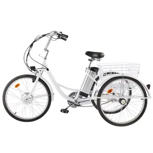 LEWEE 24 pouces 26 pouces Moteur de tricycle électrique 36V Batterie 3 roues Bicyclettes 250W Brushless Ebike Trike avec panier pour adulte
