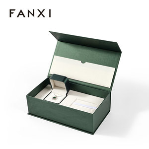 Boîte de présentation de bijoux en cuir PU vert de luxe avec logo personnalisé FANXI, boîte d'emballage de bijoux magnétique - Product Image 3