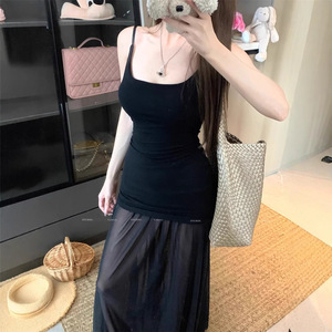 Black Spaghetti Strap Bodycon Maxi Dress Solid Color Tight Waist Stretch Knit Slip Dress For Women Casual Summer Wear - Product Image 4