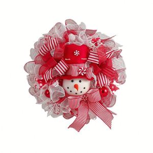 Nueva Decoración Navideña Transfronteriza de Plástico para Puerta y Ventana con Diseño de Muñeco de Nieve de Dibujos Animados y Cinta de Bastón de Caramelo en Forma de Corona Redonda - Product Image 1