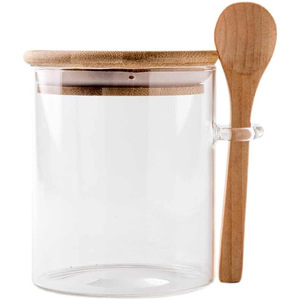 Commercio all'ingrosso Design moderno rotondo barattoli sigillati in vetro con cucchiaio di legno di alta qualità per la conservazione degli alimenti da cucina <span class=keywords><strong>Set</strong></span> di vasetti - Product Image 1