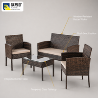 Ensemble de meubles de patio extérieur 4 pièces en rotin PE, canapé deux places, 2 fauteuils, table basse en verre, canapé de jardin, coussin beige