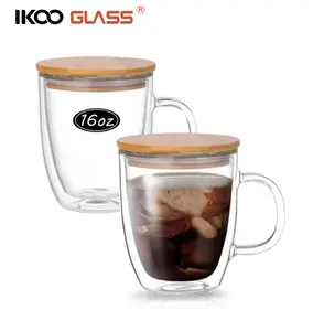 IKOO double wall bamboo covered high borosilicate glass cup with handle