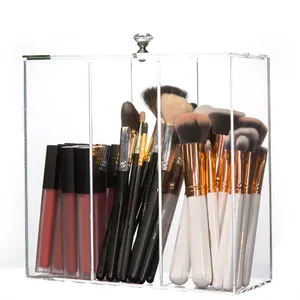 3 Compartment Acrylic Makeup Brush Organizer Box Acrylic Brush Holder With Crystal Lid Lucite Lipstick Brush Storage Box