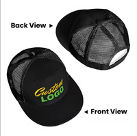 Gorra Trucker Negra con Logotipo Personalizado, Visera Plana, Malla Trasera, Bordado Personalizado, Cierre a Presión, Estilo Urbano, Deportiva, Ajustable