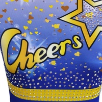 Nouveauté 2025 – Vente en gros : Tenues de pom-pom girl personnalisées avec strass bleus et jaunes pour équipes scolaires