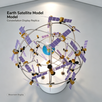 Model Tampilan Konstelasi Satelit dengan Bumi Biru, Satelit Emas, Panel Surya Ungu, Cincin Orbit Logam, dan Alas Putih
