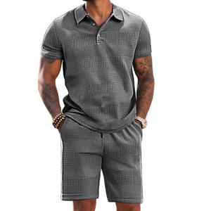 Ensemble polo bleu clair pour homme, manches courtes, couleur unie, coupe décontractée, tenue d'été, texture jacquard, style sportif - Product Image 4
