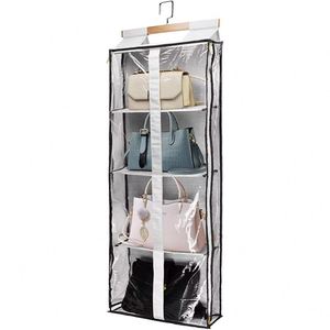 Heavy-Duty 4 <b>Large</b> Clear PVC Pockets Handbag Hanging Organizer, Wooden Hanger Oxford Cloth for Closet & Bedroom Storage Bag - Product Image 1