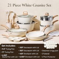 Ensemble de 21 ustensiles de cuisine antiadhésifs en granit blanc, compatibles induction, avec poêles et casseroles, sans PFOS ni PFOA