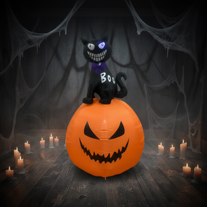 Gato Negro Inflable de Halloween Sentado <span class=keywords><strong>en</strong></span> una <span class=keywords><strong>Calabaza</strong></span> con <span class=keywords><strong>Cara</strong></span> Aterradora Tallada, Modelo Luminoso para Decoración de Jardín Exterior - Product Image 1