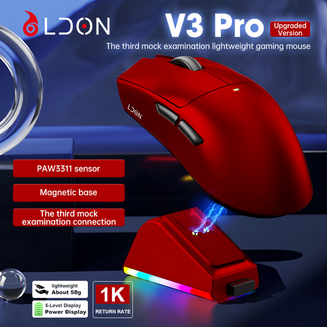 LDON V3PRO Wireless USB Optical Gaming Mouse PAW3311 Sensor 12000 DPI RGB Rechargeable 8 Buttons Ergonomic Both Hands
