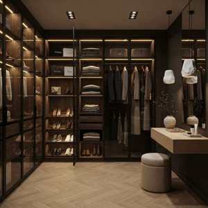 <span class=keywords><strong>Dressing</strong></span> sur mesure de luxe moderne avec portes vitrées à charnières, éclairage LED, rangement intégré pour chaussures, coiffeuse et armoire écologique - Product Image 1