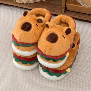 XIXITIAO kapak topuk çift Capybara terlik sevimli Hamburger ev ayakkabıları kaymaz kış kapalı slaytlar sıcak peluş ev slaytlar - Product Image 6