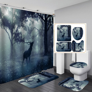Ensemble de tapis de salle de bain antidérapants de luxe personnalisés en 4 pièces, classique, imperméable, en polyester imprimé, pour toutes les saisons, rideau de douche pour la maison - Product Image 5