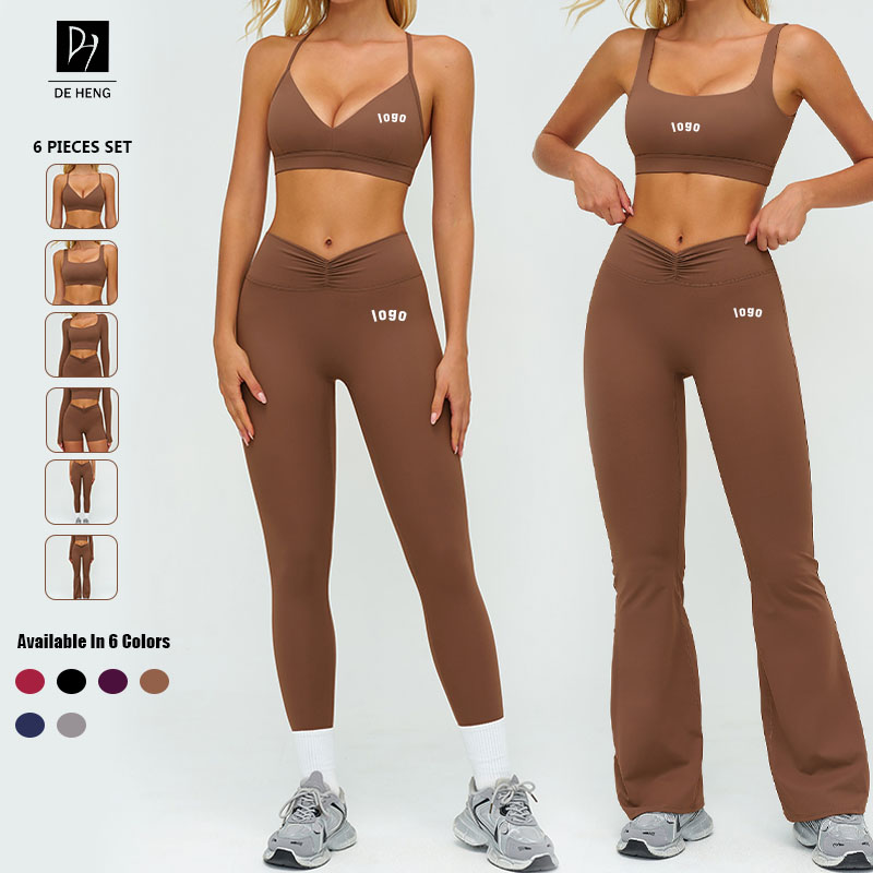 6piece High Quality Plaid V Shape Waist Long Sleeve V Neck Butt Lifting Breathable 4 Way Stretch Set
