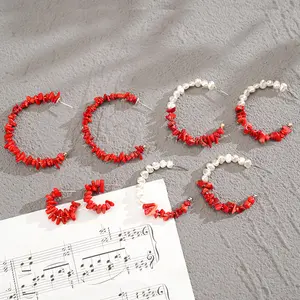 C环耳环红色天然石材珠宝套装穿孔波西米亚串珠女少女生日情人节圣诞礼物