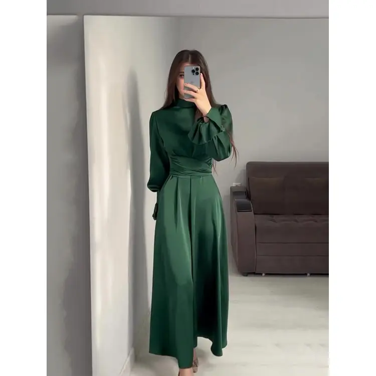 Elegante muçulmano cetim vestido roupas femininas arco macio cor sólida babados vestido manga longa Ruched vestido longo