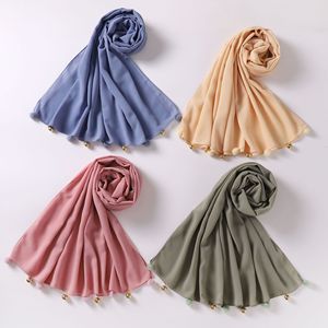 Hijabs en mousseline de soie de couleur unie avec boule poilue, nouvelle conception fantaisie, écharpe de tête musulmane islamique de luxe - Product Image 2