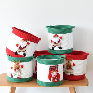 Panier de rangement de Noël en corde de coton fait main, pliable, rond, pour le rangement du linge et la décoration de la maison - Product Image 1