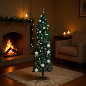 Sapin de Noël artificiel mince et élégant, 59,06 pouces, en plastique vert, pièce unique, décoratif pour Noël - Product Image 2