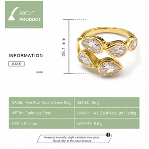 Five Pear Accent Open Stainless Steel <b>Ring</b> with 14K Gold Vacuum Plating Layered Adjustable <b>Statement</b> Design - Product Image 3