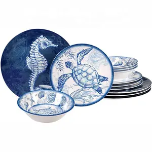 Service for 4 Multi Colored Oceanic Style 12 piece Melamine Dinnerware Set