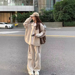 Women <b>Tracksuit</b> Set Apricot Gray <b>Polyester</b> Breathable Casual Sportswear Two Piece Loose Fit Spring Autumn Korean Style - Product Image 1